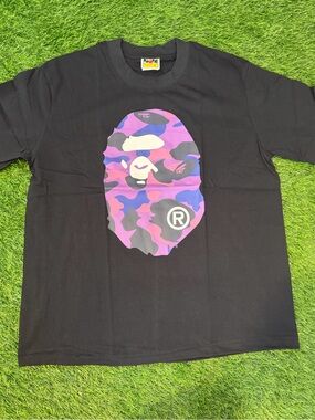 Bape Black Tee with Purple & Pink Camo Ape Logo
